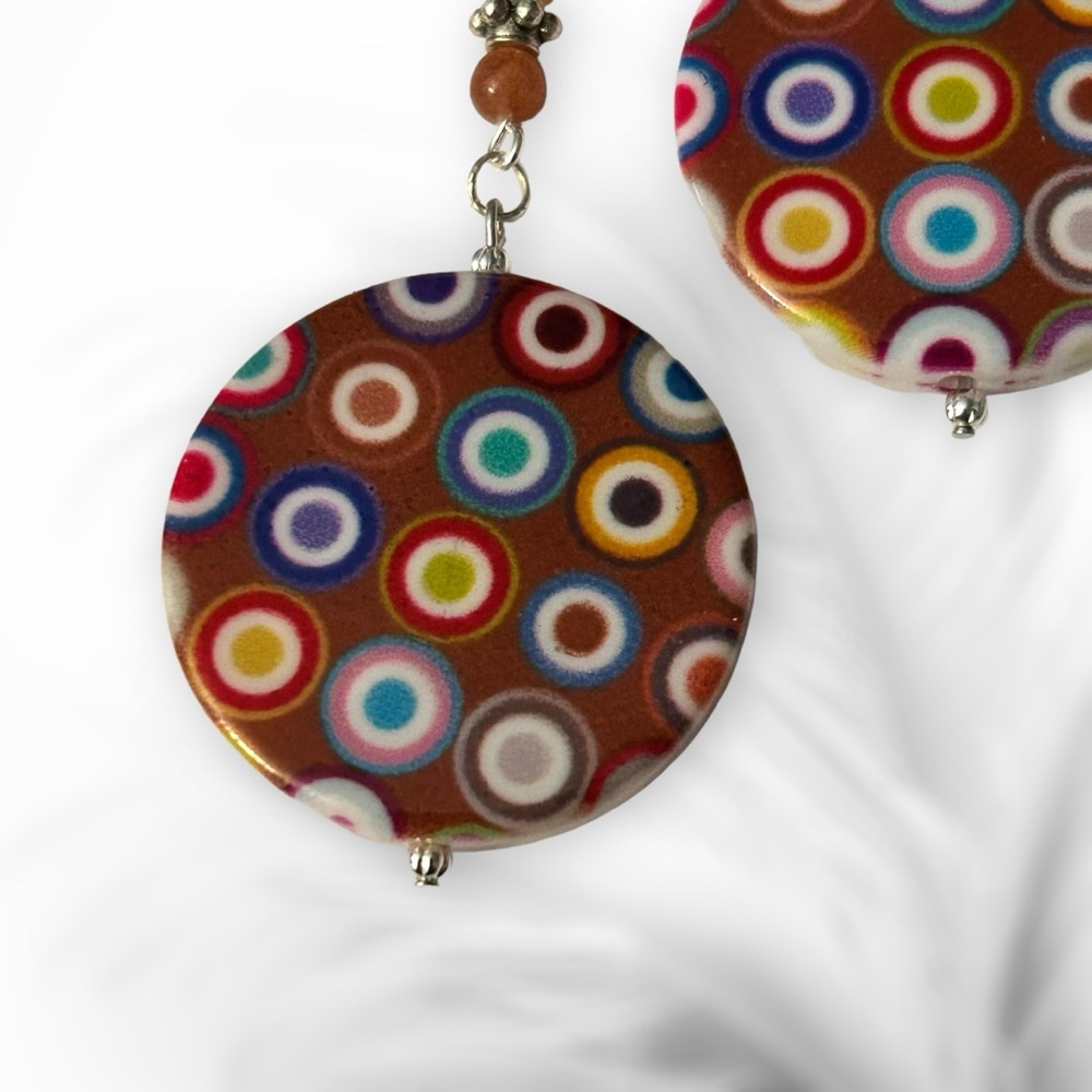 Hand Crafted Earrings Circles Geometric Boho Dangle Silver Brown Yellow Pierced - Picture 2 of 10
